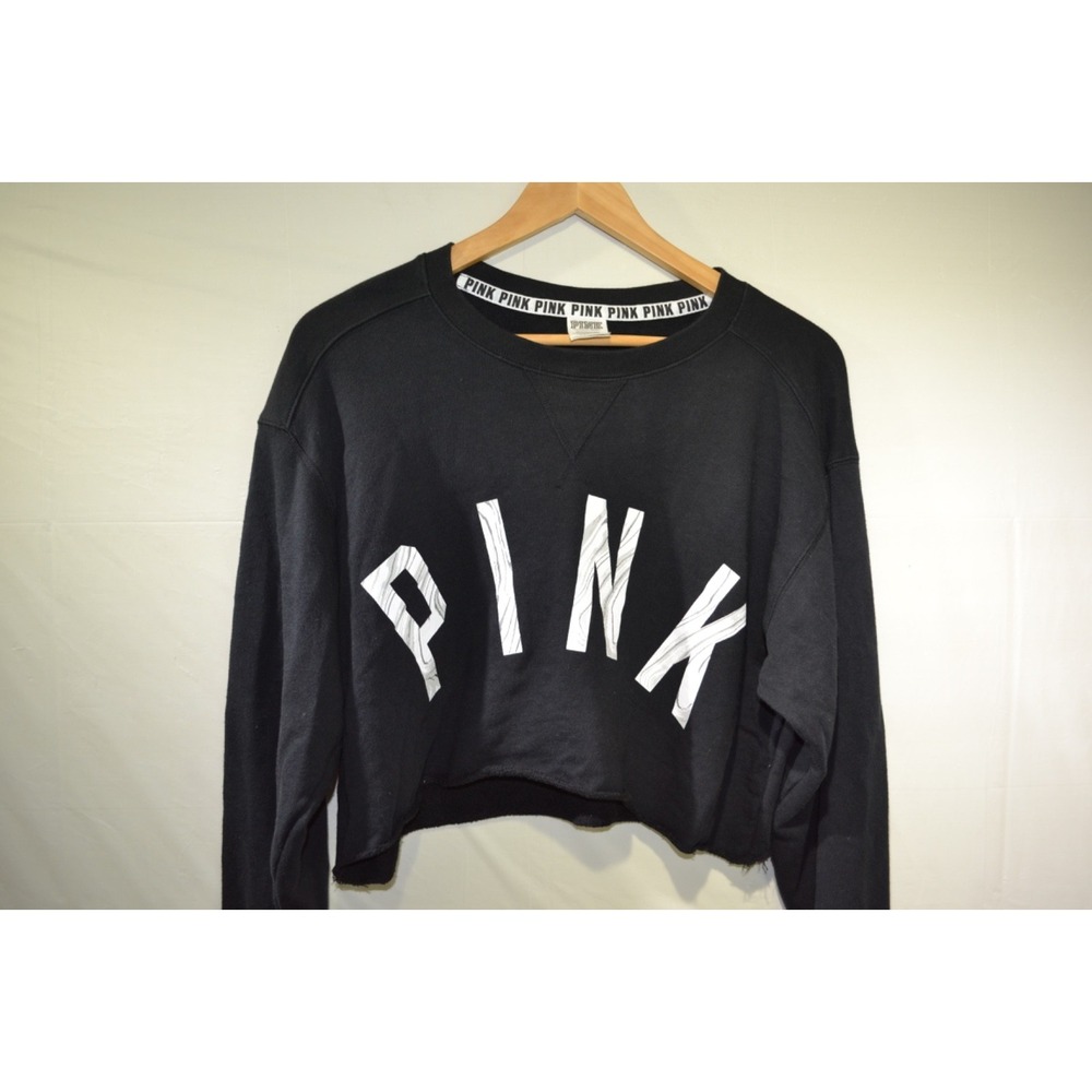 Victoria's Secret PINK Logo Slouchy Cropped‎ Pullover Sweater Black Size Small - Picture 2 of 5